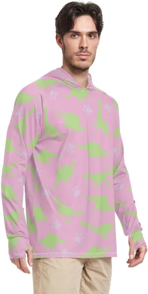 Men's Sun Protection Hoodie Long Sleeve Pink Dinosaurs Sun Shirt with Hood UPF 50  Sunproof Shirts Rash Guard with