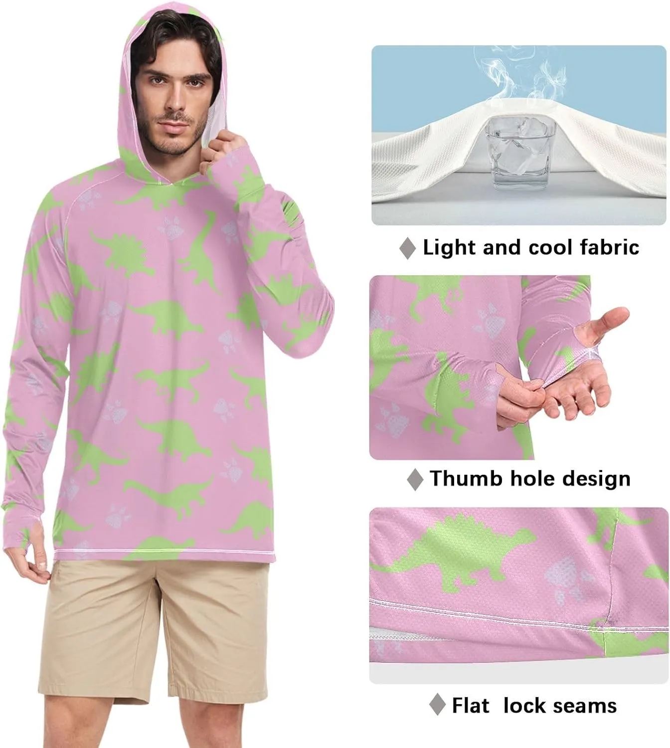 Men's Sun Protection Hoodie Long Sleeve Pink Dinosaurs Sun Shirt with Hood UPF 50  Sunproof Shirts Rash Guard with