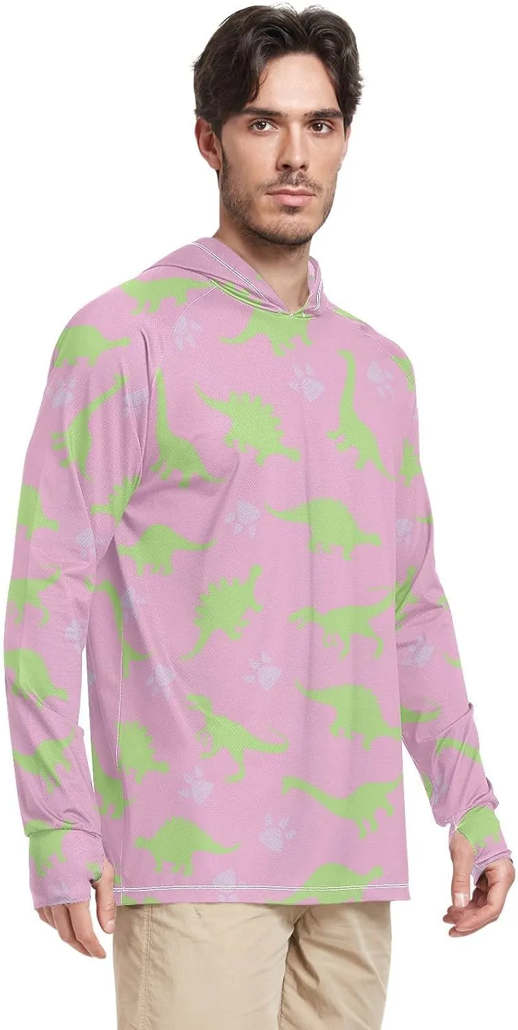 Men's Sun Protection Hoodie Long Sleeve Pink Dinosaurs Sun Shirt with Hood UPF 50  Sunproof Shirts Rash Guard with