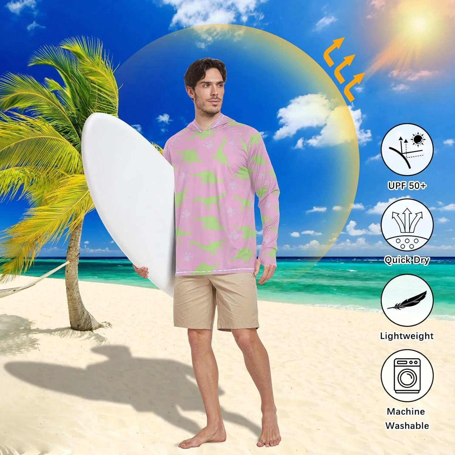 Men's Sun Protection Hoodie Long Sleeve Pink Dinosaurs Sun Shirt with Hood UPF 50  Sunproof Shirts Rash Guard with