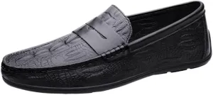Men's Vegan Leather Loafers -Round Toe Crocodile Print Flat Heel Comfortable & Slip-Resistant Slip-Ons for Fashion and Prom