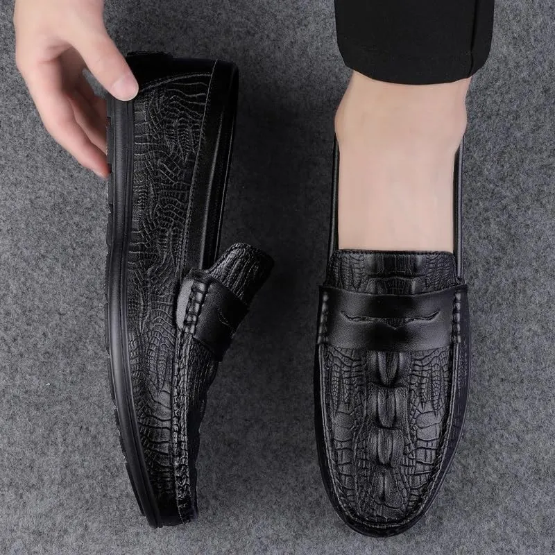Men's Vegan Leather Loafers -Round Toe Crocodile Print Flat Heel Comfortable & Slip-Resistant Slip-Ons for Fashion and Prom