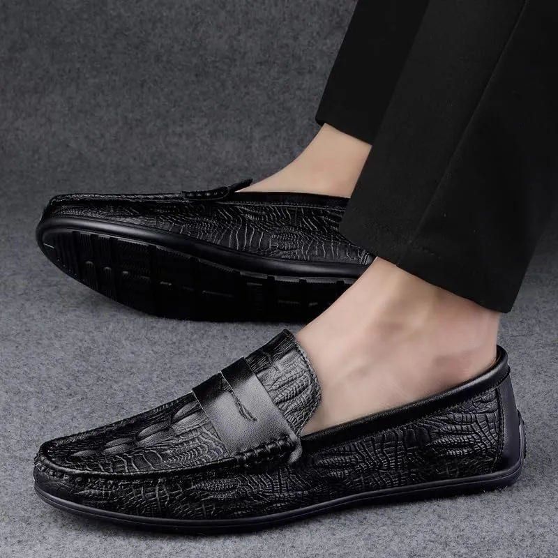 Men's Vegan Leather Loafers -Round Toe Crocodile Print Flat Heel Comfortable & Slip-Resistant Slip-Ons for Fashion and Prom