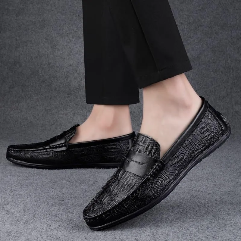 Men's Vegan Leather Loafers -Round Toe Crocodile Print Flat Heel Comfortable & Slip-Resistant Slip-Ons for Fashion and Prom