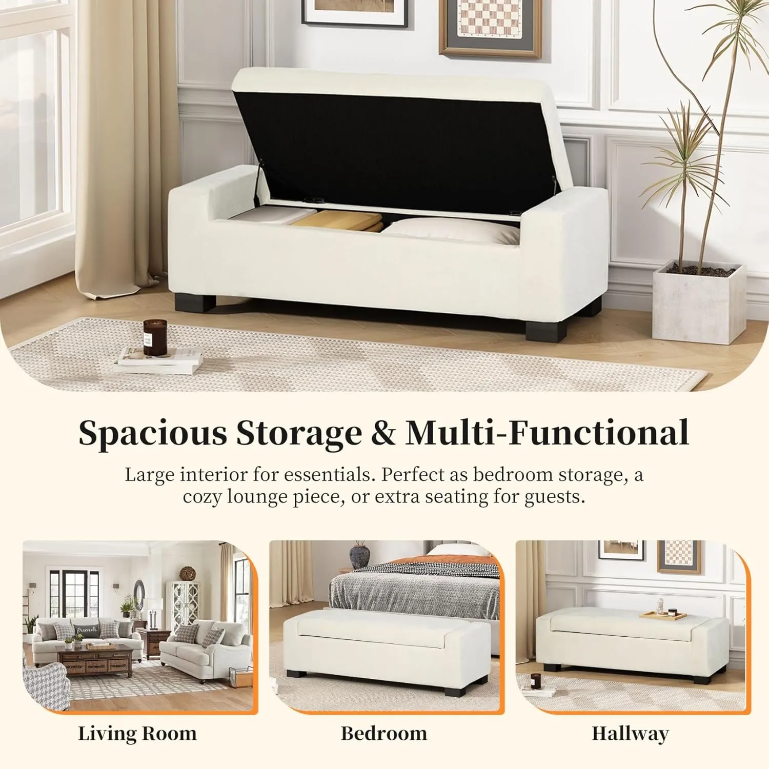 Merax 50" Ottoman Bench with Storage, Upholstered Seating Foot Rest Stool Furniture for Bedroom, Living Room, Entryway, White