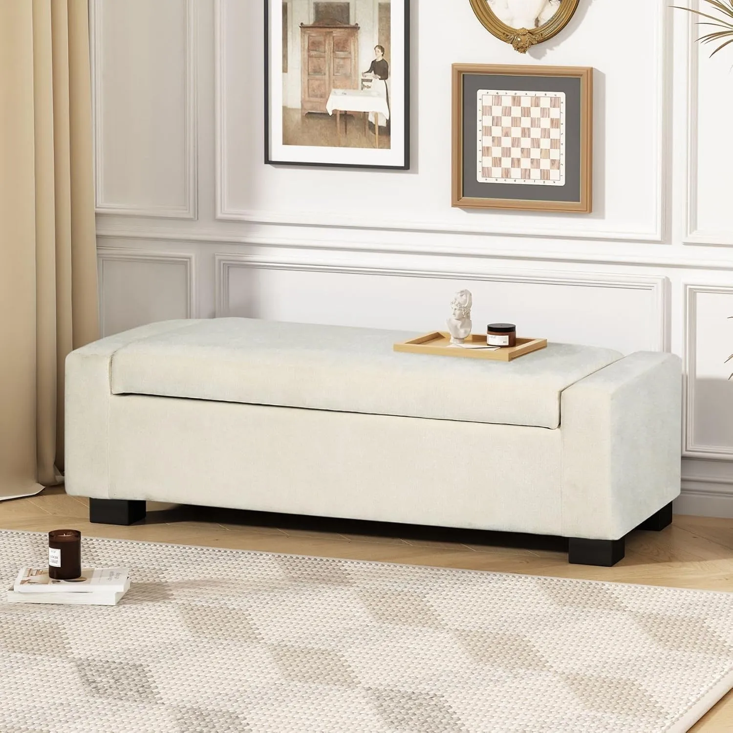 Merax 50" Ottoman Bench with Storage, Upholstered Seating Foot Rest Stool Furniture for Bedroom, Living Room, Entryway, White
