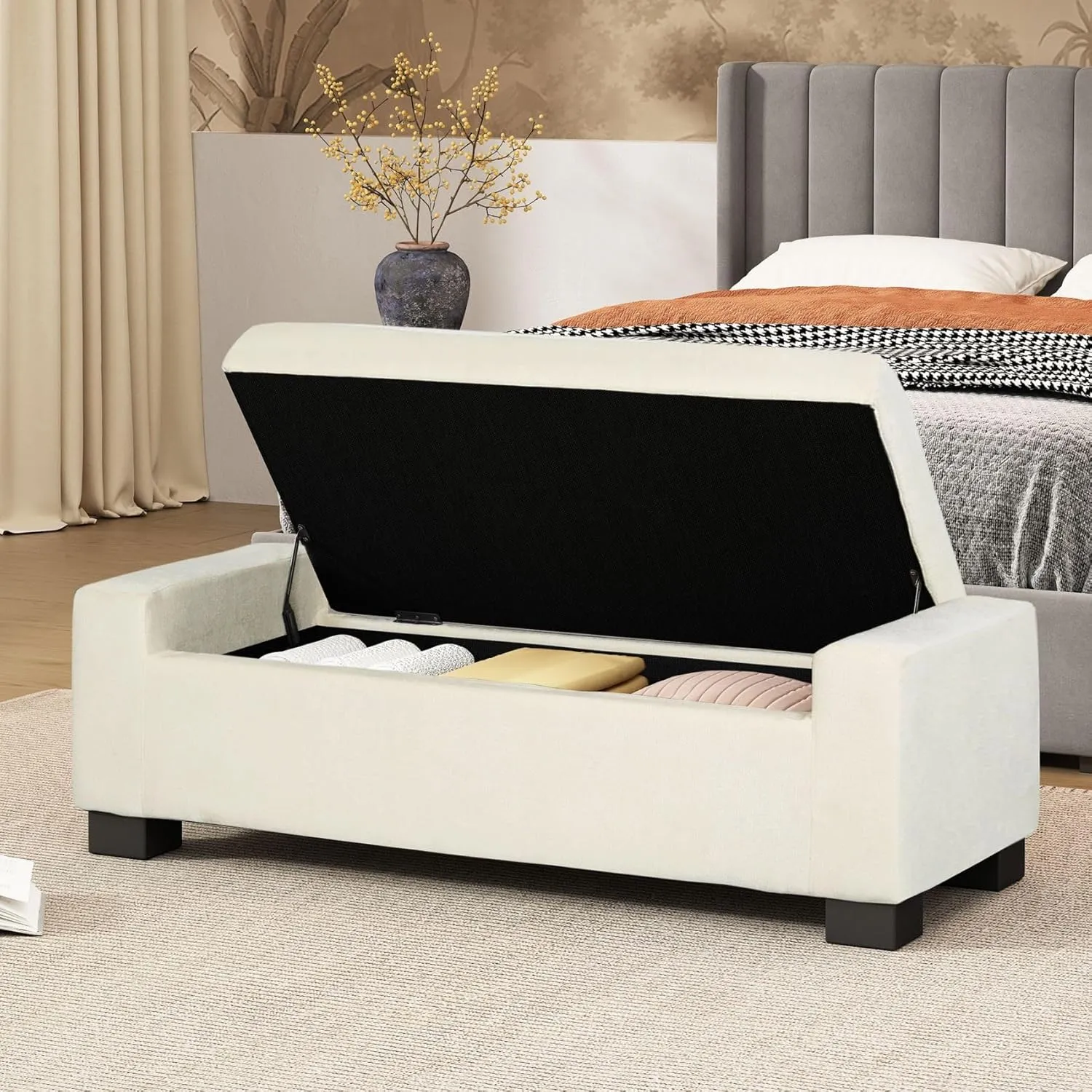 Merax 50" Ottoman Bench with Storage, Upholstered Seating Foot Rest Stool Furniture for Bedroom, Living Room, Entryway, White