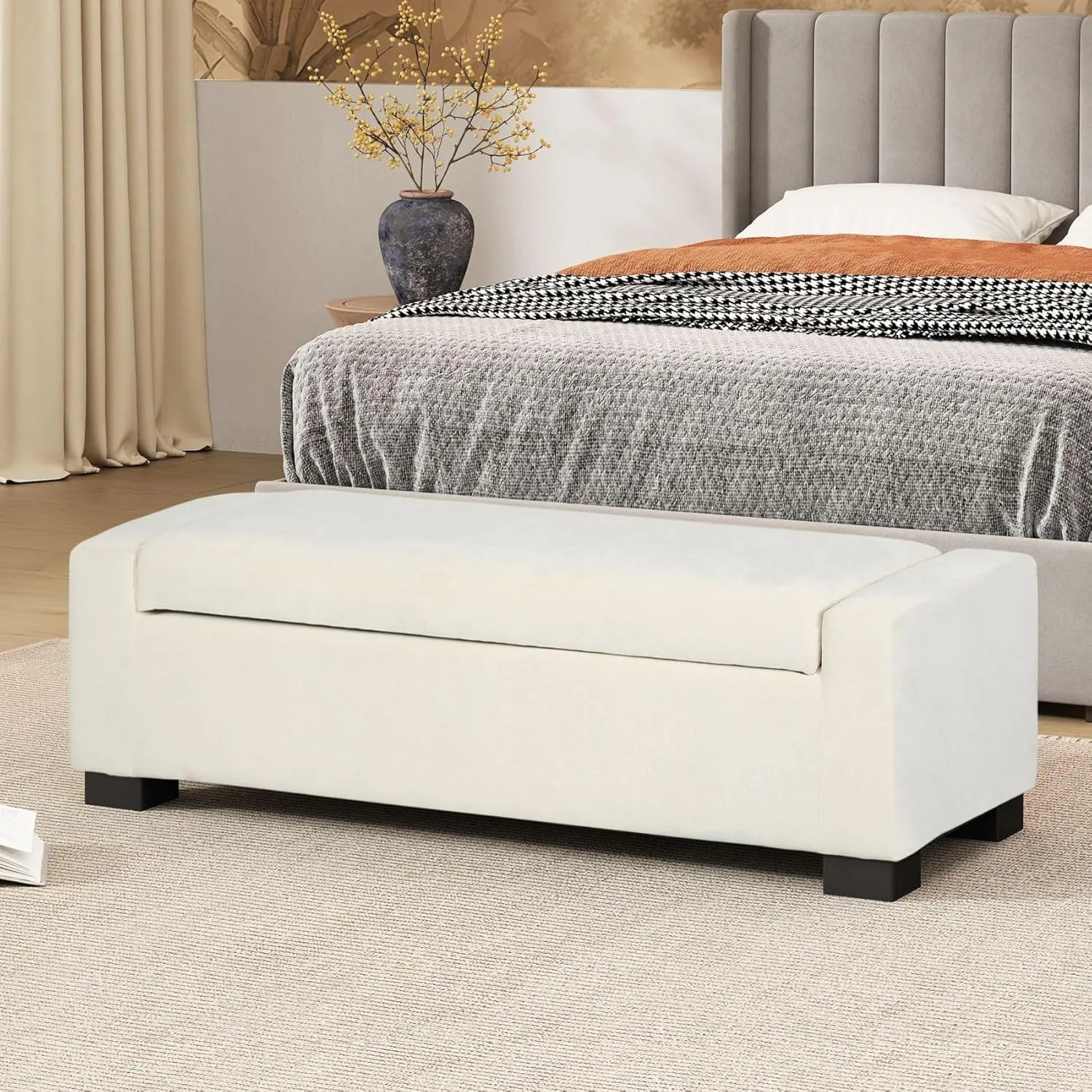 Merax 50" Ottoman Bench with Storage, Upholstered Seating Foot Rest Stool Furniture for Bedroom, Living Room, Entryway, White
