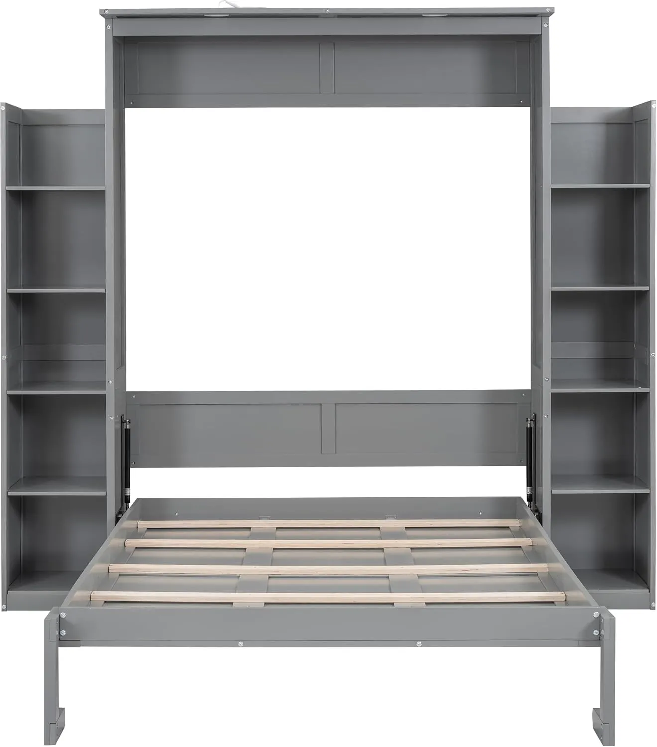 Merax Full Size Murphy Bed, Wooden Full Wall Bed with Shelves and LED Lights, Gray
