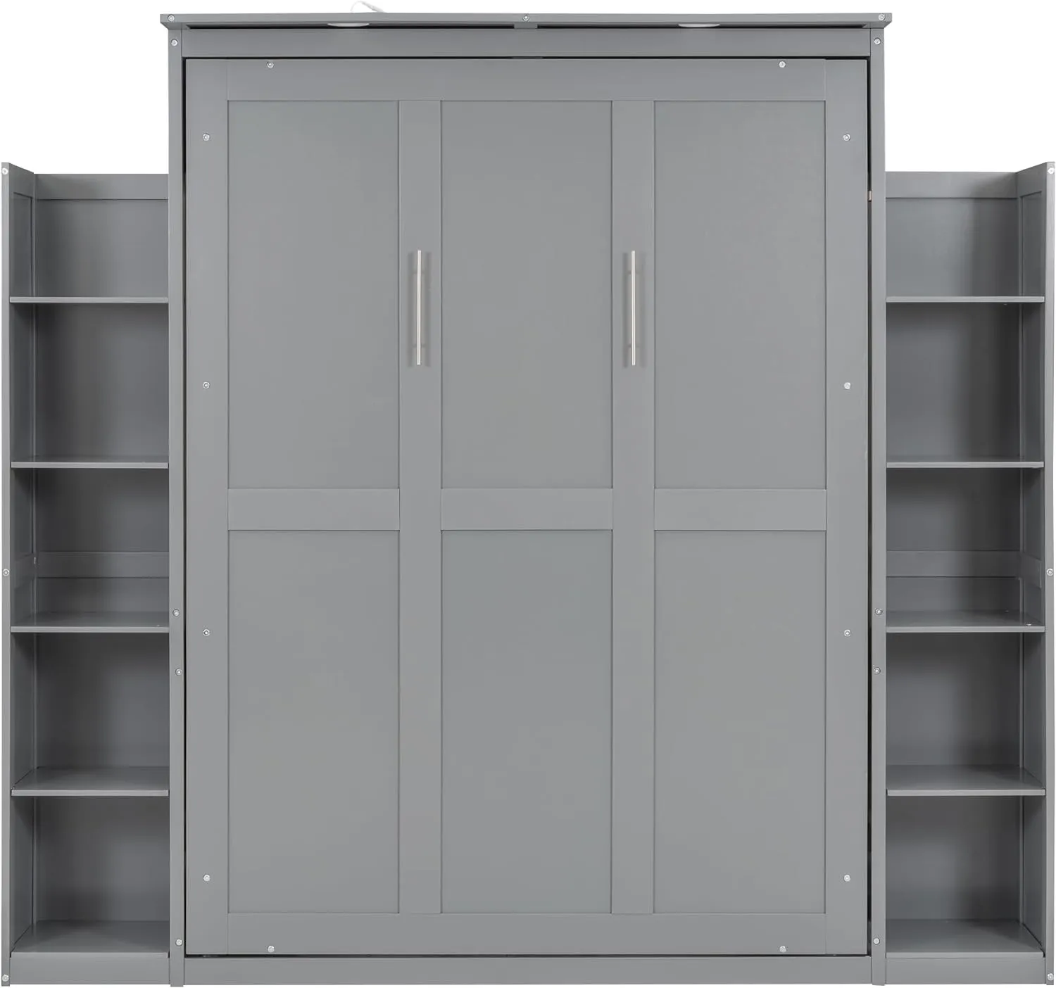 Merax Full Size Murphy Bed, Wooden Full Wall Bed with Shelves and LED Lights, Gray