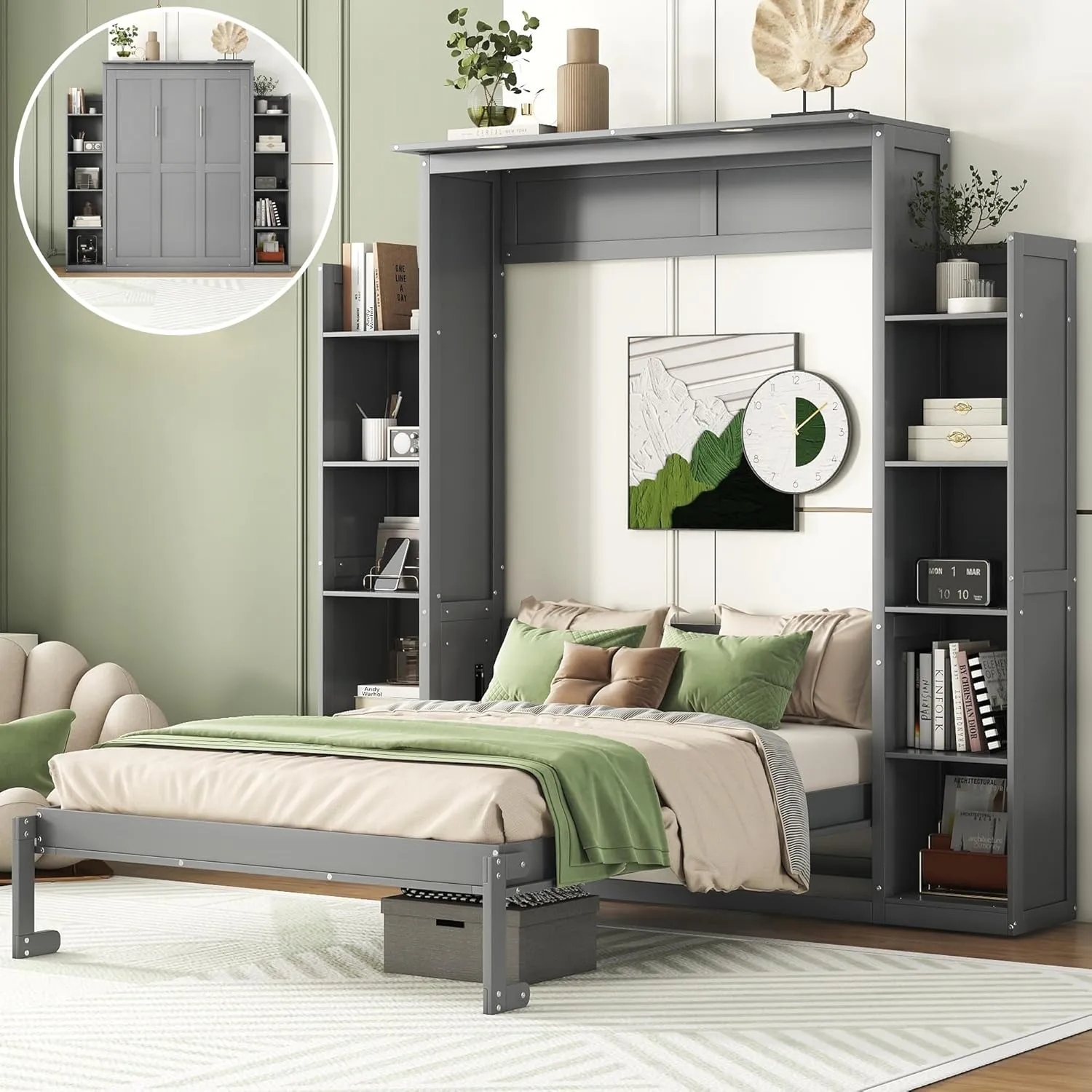 Merax Full Size Murphy Bed, Wooden Full Wall Bed with Shelves and LED Lights, Gray