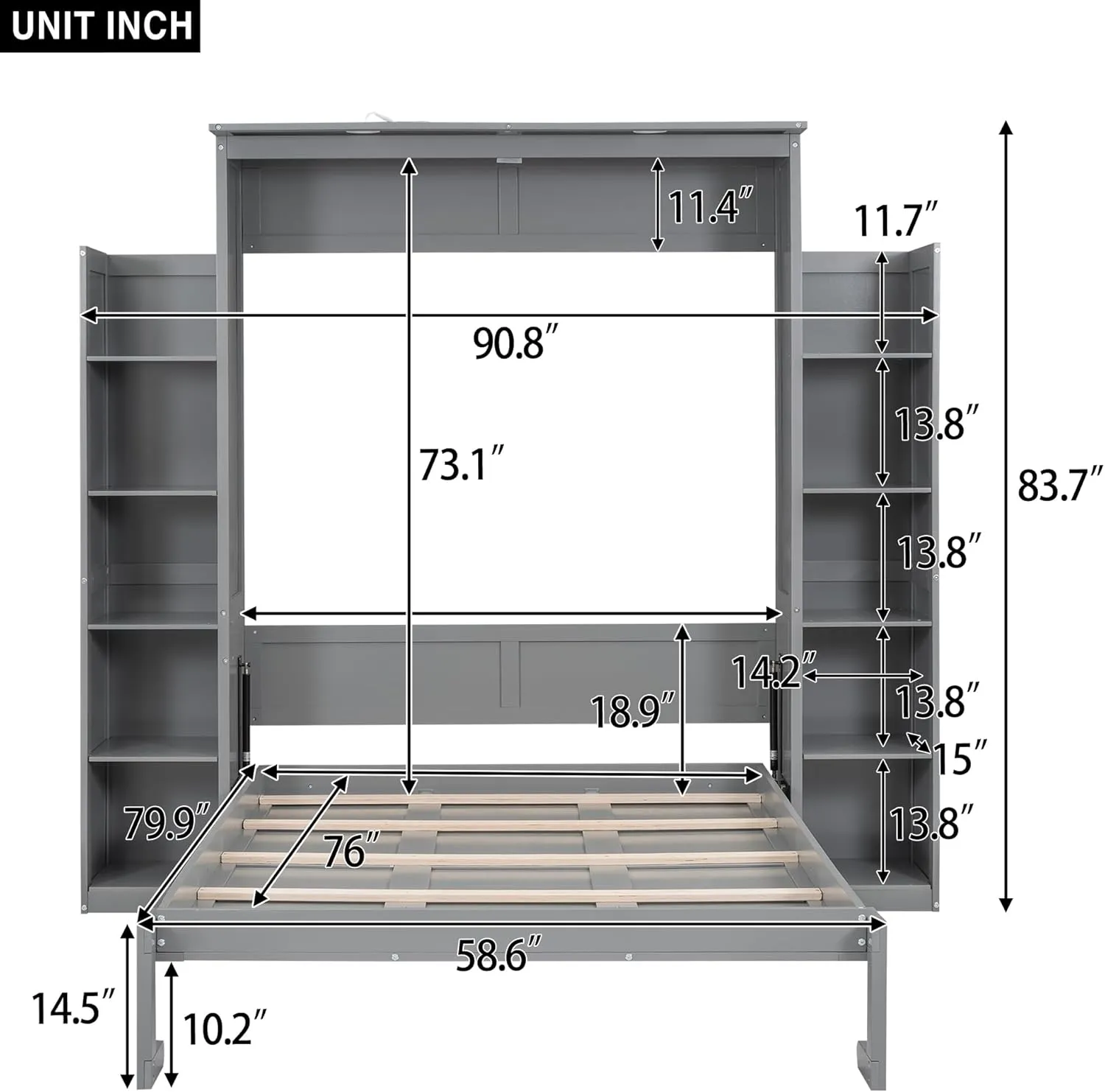 Merax Full Size Murphy Bed, Wooden Full Wall Bed with Shelves and LED Lights, Gray
