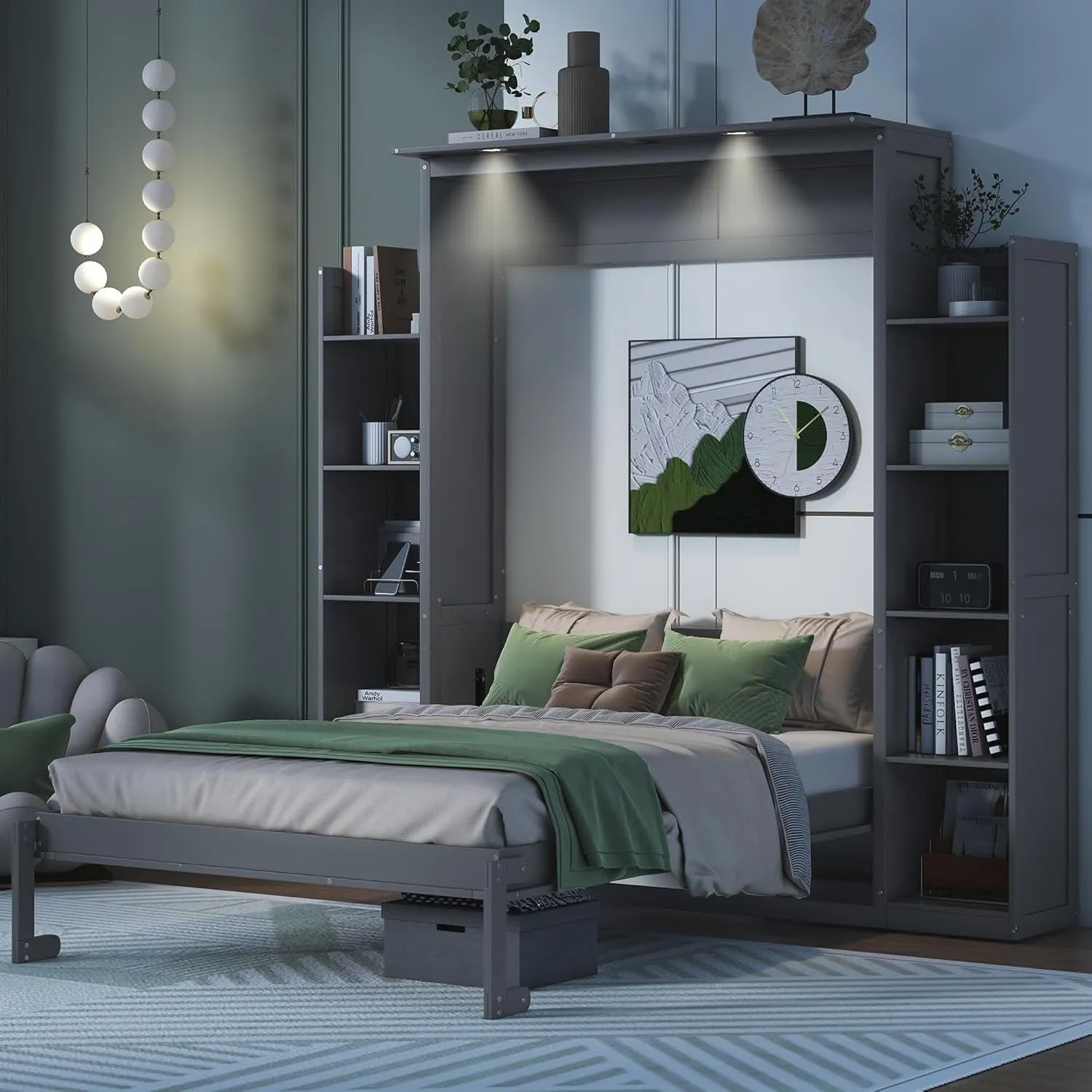 Merax Full Size Murphy Bed, Wooden Full Wall Bed with Shelves and LED Lights, Gray