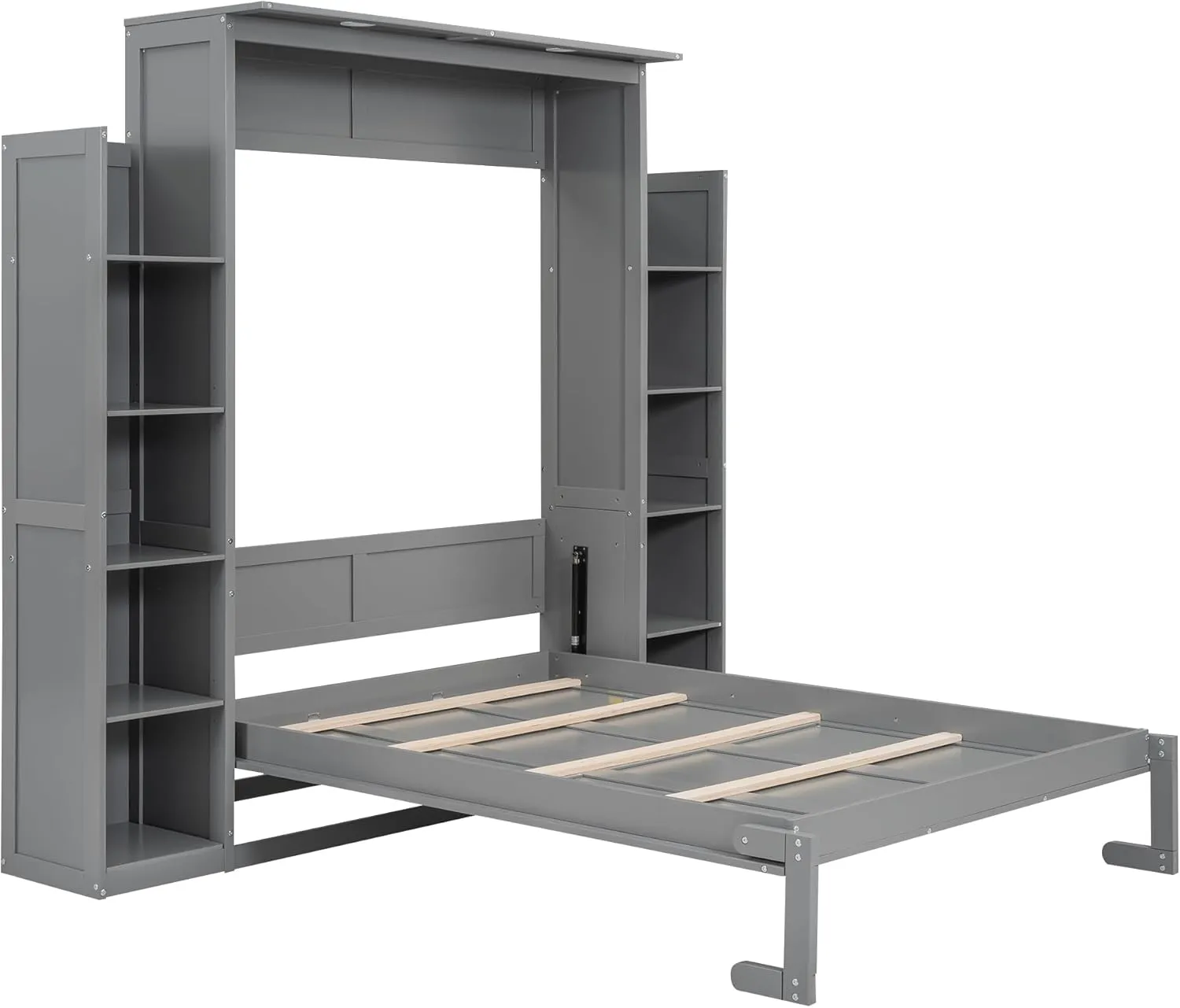 Merax Full Size Murphy Bed, Wooden Full Wall Bed with Shelves and LED Lights, Gray