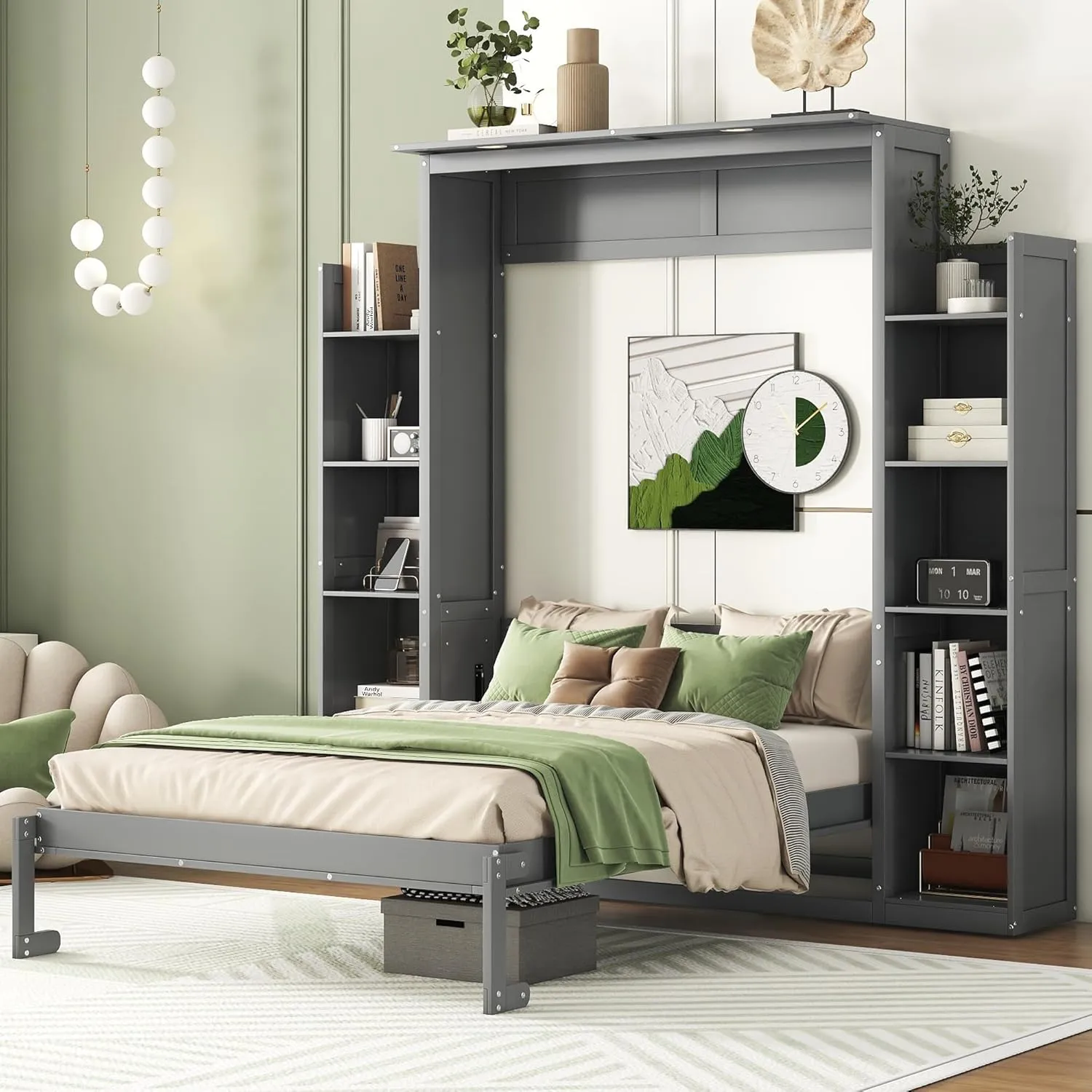 Merax Full Size Murphy Bed, Wooden Full Wall Bed with Shelves and LED Lights, Gray