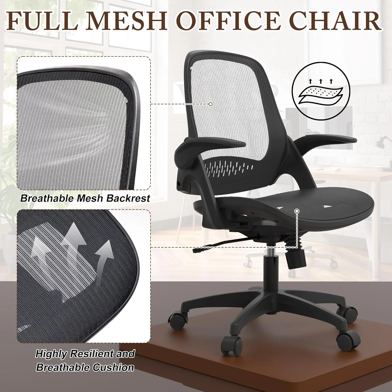 Mesh Seat Office Computer Chair with Height Adjustable Flip Up Arms Swivel Wheels for Adults