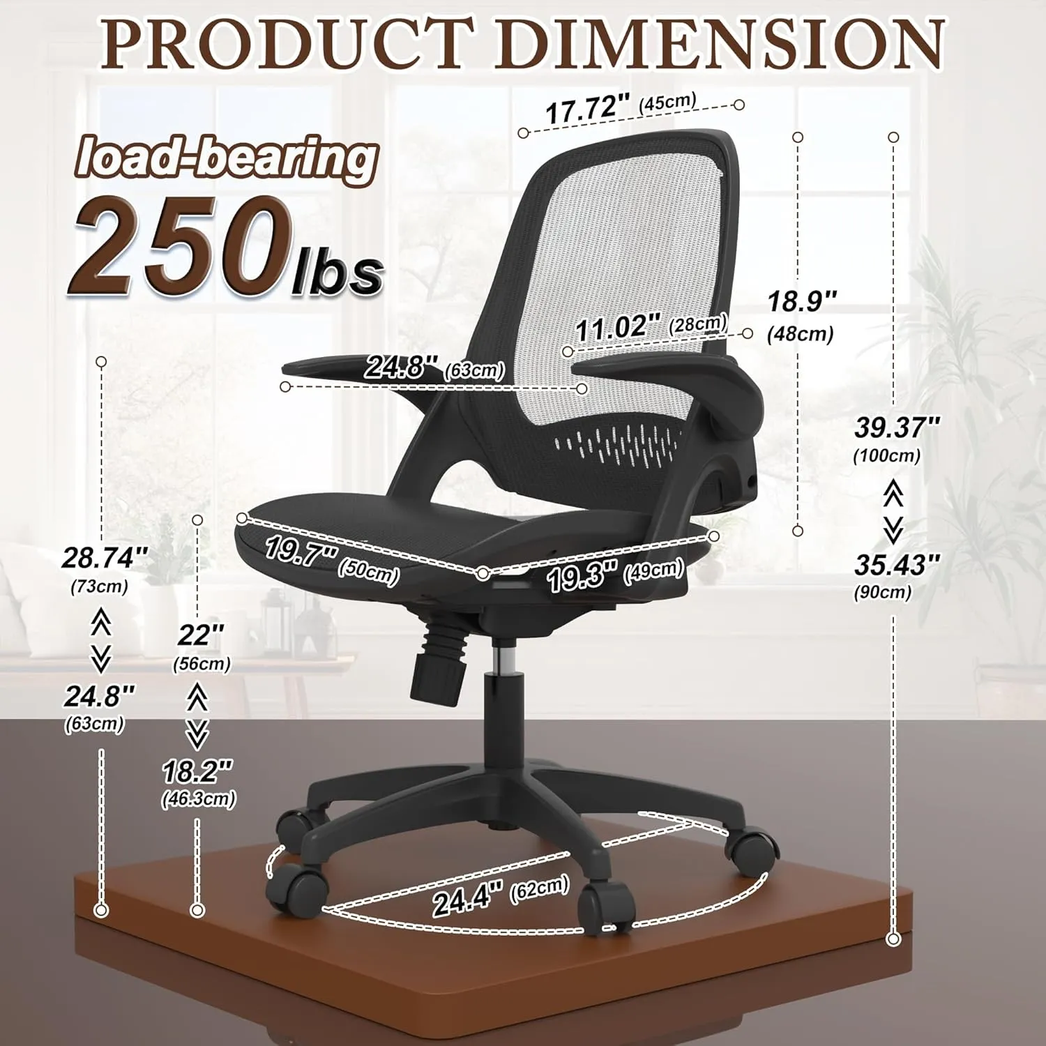 Mesh Seat Office Computer Chair with Height Adjustable Flip Up Arms Swivel Wheels for Adults
