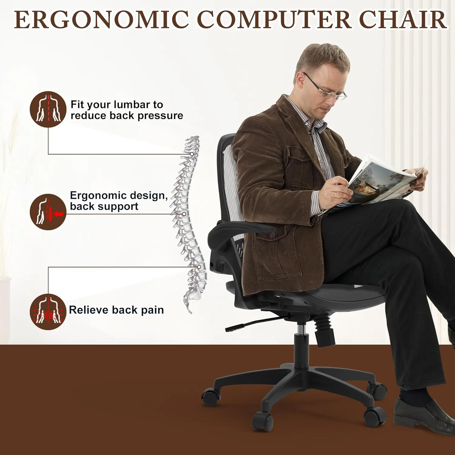 Mesh Seat Office Computer Chair with Height Adjustable Flip Up Arms Swivel Wheels for Adults
