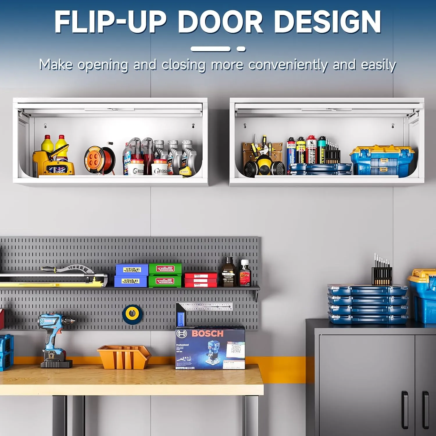 Metal Wall Storage Cabinet, Wall-Mounted Storage Cabinets with Up-Flip Doors, Steel Small Floating Garage Wall Cabinets with Lock for Home, White