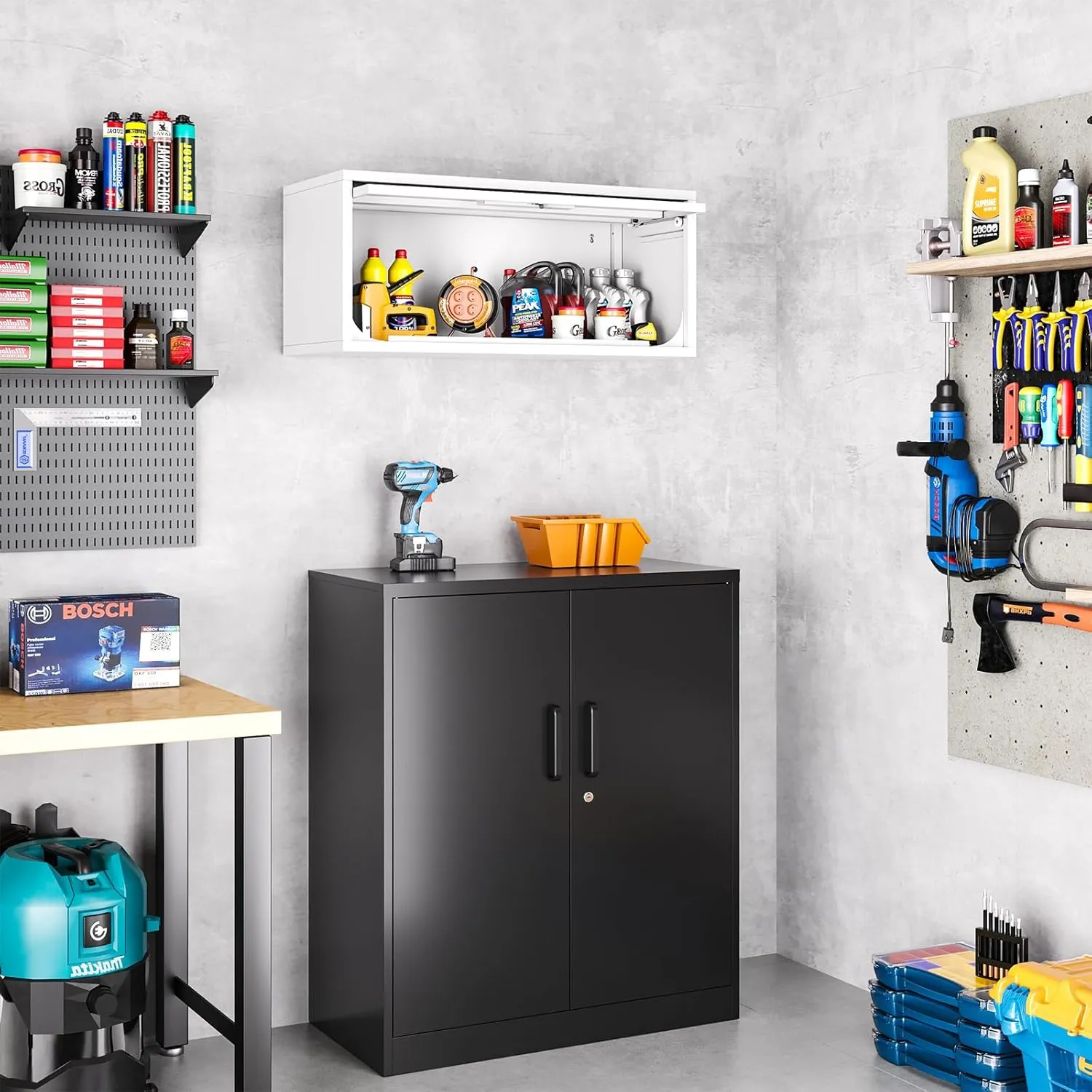 Metal Wall Storage Cabinet, Wall-Mounted Storage Cabinets with Up-Flip Doors, Steel Small Floating Garage Wall Cabinets with Lock for Home, White