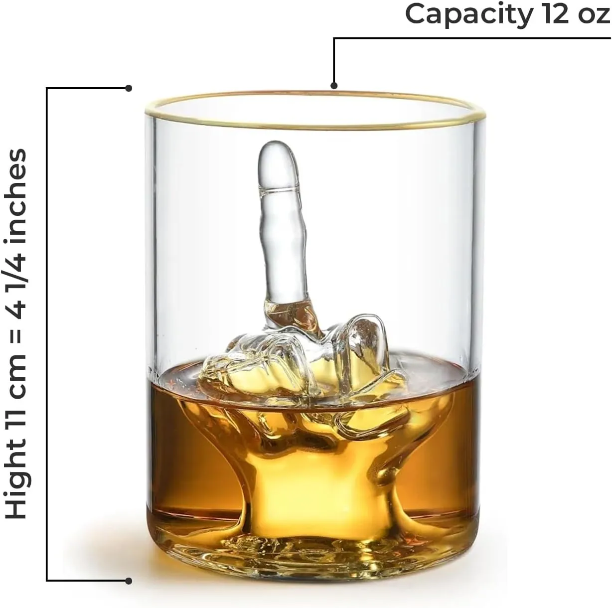 Middle Finger Funny Whiskey Glass – Premium Up Yours Funny Glass for Whiskey, Liquor – Luxurious Gold Rim – Home Bar Accessories Ideal for Man Cave, Fun Gag Gift Patent-Pending