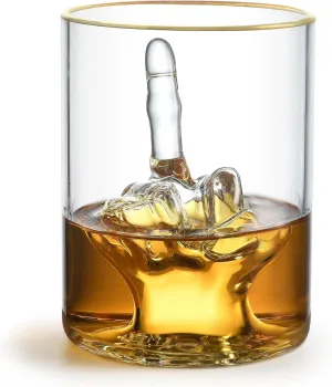 Middle Finger Funny Whiskey Glass – Premium Up Yours Funny Glass for Whiskey, Liquor – Luxurious Gold Rim – Home Bar Accessories Ideal for Man Cave, Fun Gag Gift Patent-Pending