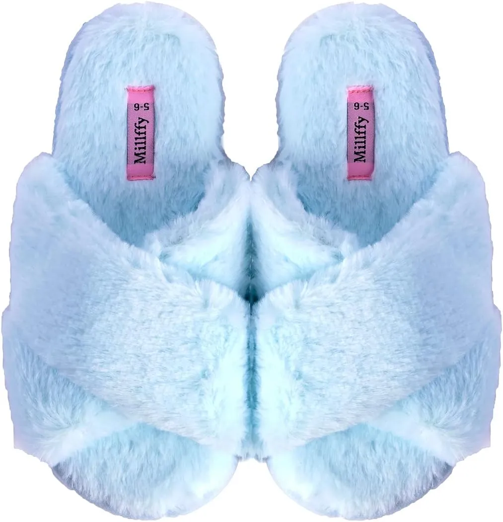 Millffy Fuzzy Fluffy Open Toe Slippers for Summer Warm Comfy flip Flop Slippers for Women Slip on