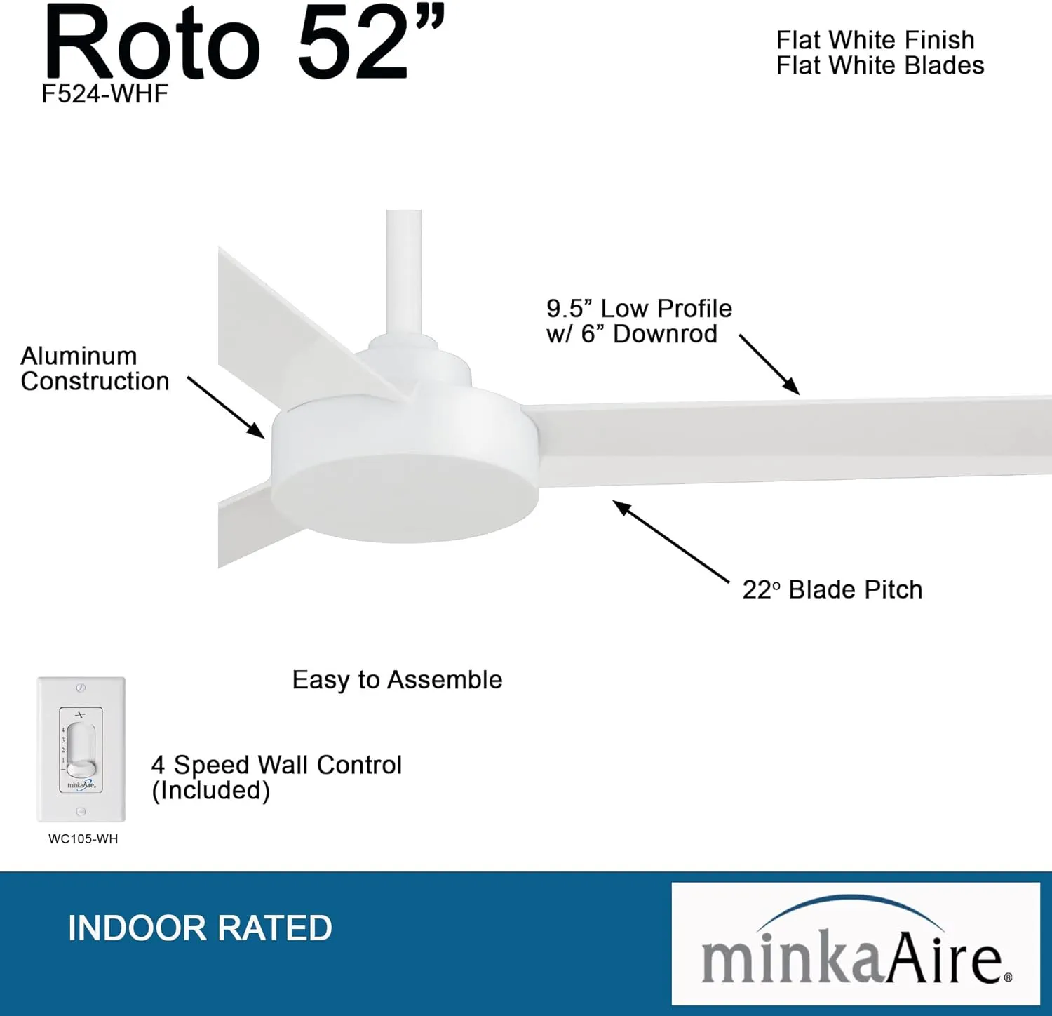 MINKA-AIRE F524-WHF Roto 52 Inch Ceiling Fan 3 Blades in Flat White Finish