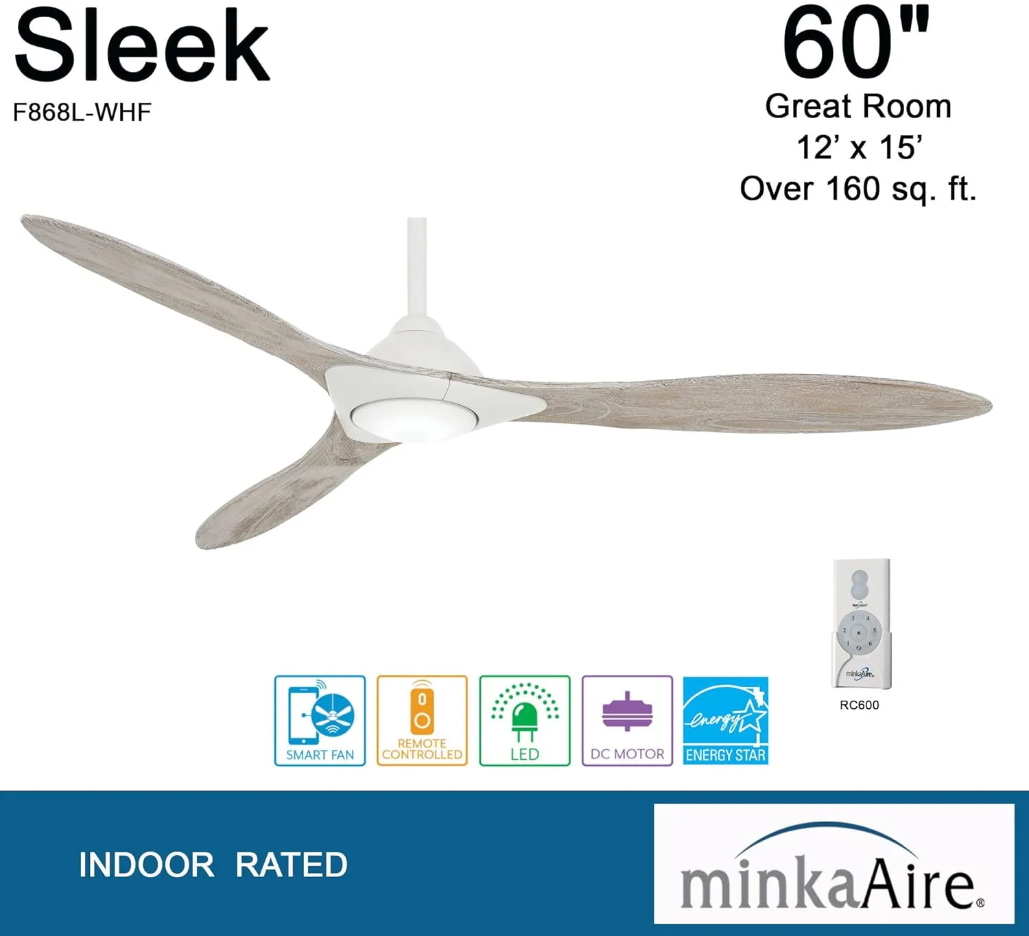 Minka Aire F868L-WHF Sleek 60" Ceiling Fan with LED Light and Remote Control, Flat White