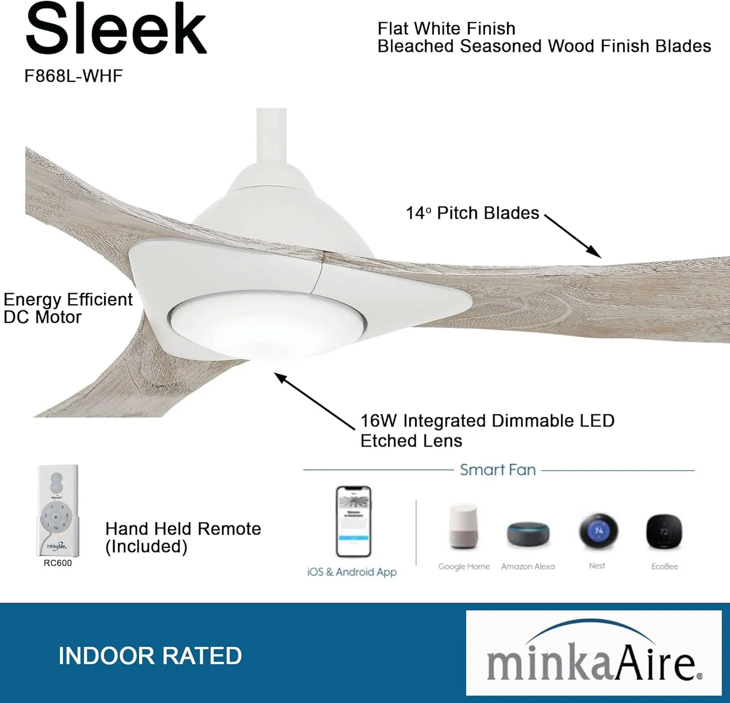 Minka Aire F868L-WHF Sleek 60" Ceiling Fan with LED Light and Remote Control, Flat White