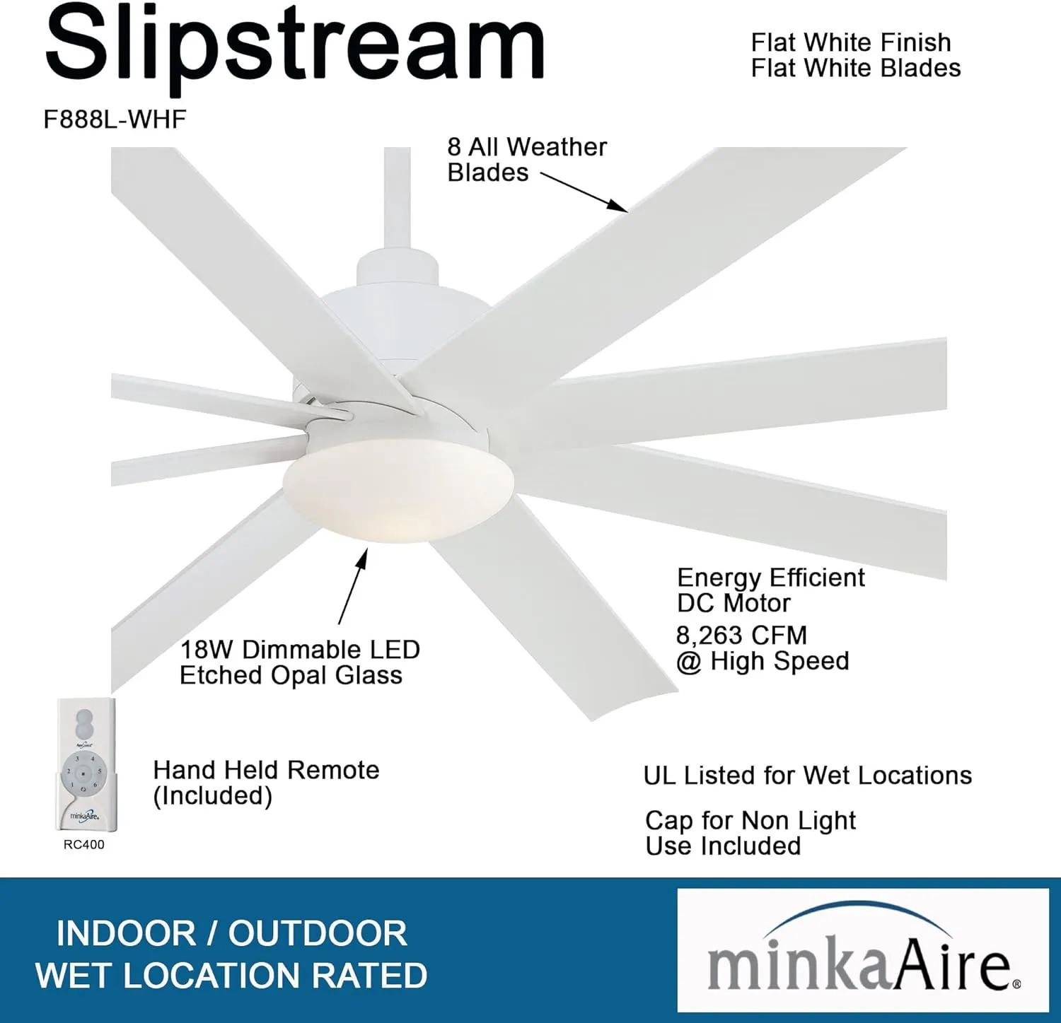 MINKA-AIRE F888L-WHF Slipstream 65 Inch Outdoor Ceiling Fan with Dimmable LED Light and DC Motor in Flat White Finish