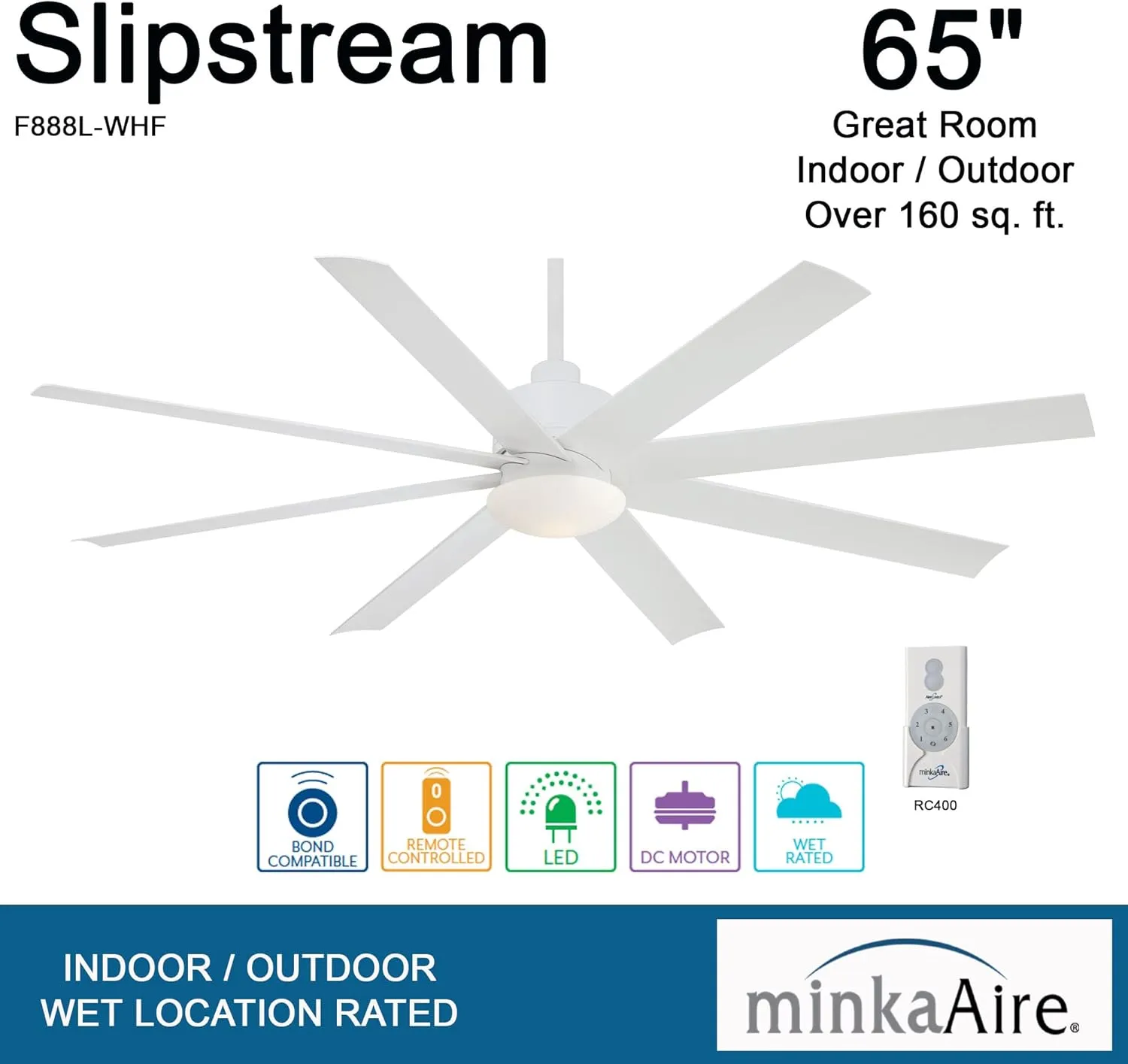 MINKA-AIRE F888L-WHF Slipstream 65 Inch Outdoor Ceiling Fan with Dimmable LED Light and DC Motor in Flat White Finish