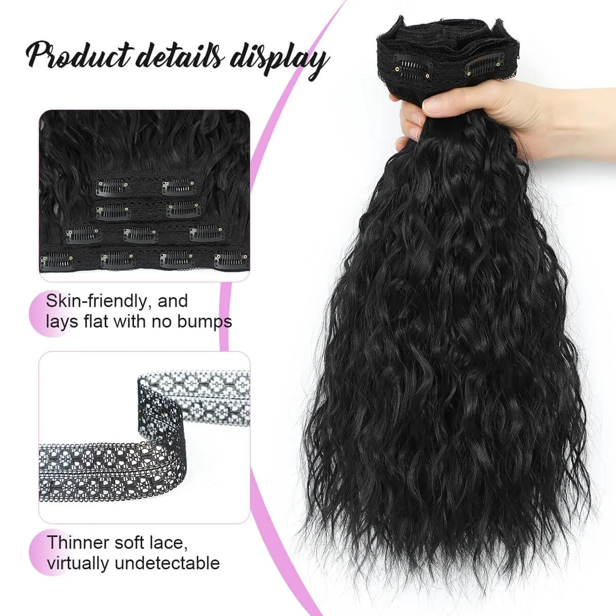 MORICHY Blonde Hair Extensions Clip in Black curly hair clip in extensions Wavy Seamless Clip in Hair Extensions 16'' Mermaid Waves 4PCS Synthetic Hair Pieces for Women