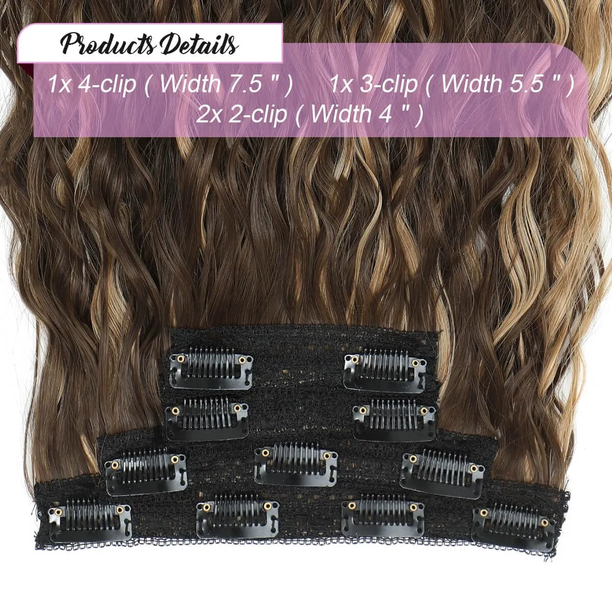 MORICHY Clip in Hair Extensions - 16'' Wavy Curly Clip ins, Invisible Soft Lace, Seamless Clip ins, Highlights, Brown Synthetic Hair Pieces for Women