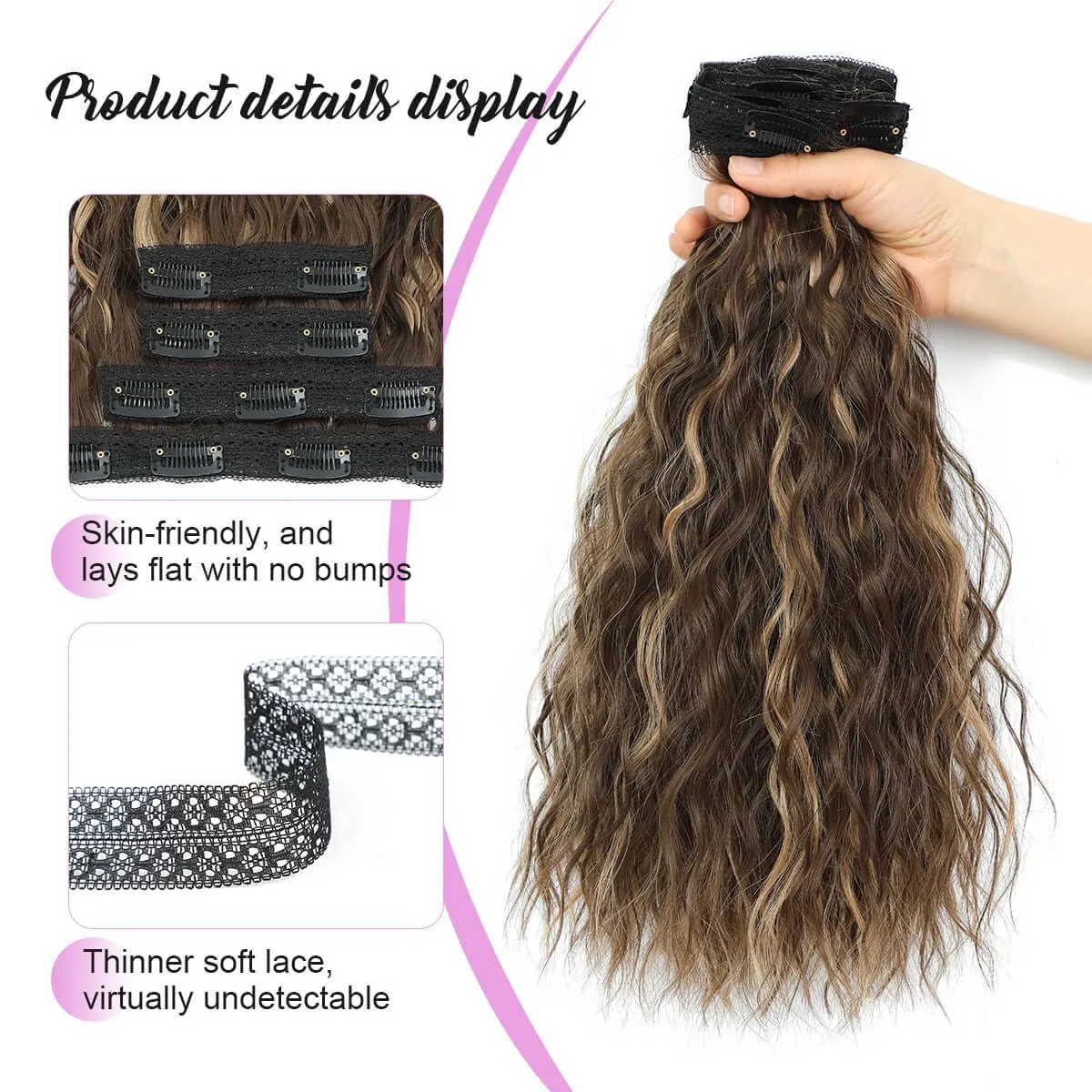 MORICHY Clip in Hair Extensions - 16'' Wavy Curly Clip ins, Invisible Soft Lace, Seamless Clip ins, Highlights, Brown Synthetic Hair Pieces for Women