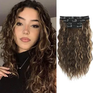 MORICHY Clip in Hair Extensions - 16'' Wavy Curly Clip ins, Invisible Soft Lace, Seamless Clip ins, Highlights, Brown Synthetic Hair Pieces for Women