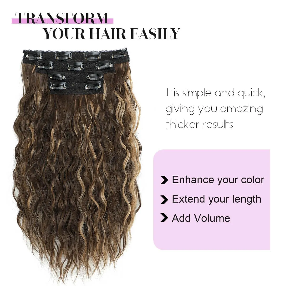 MORICHY Clip in Hair Extensions - 16'' Wavy Curly Clip ins, Invisible Soft Lace, Seamless Clip ins, Highlights, Brown Synthetic Hair Pieces for Women