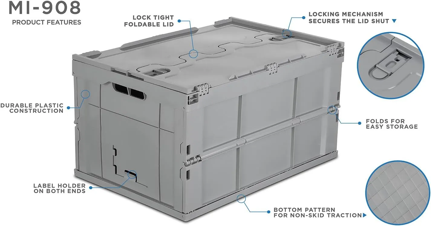 Mount-It! Collapsible Plastic Storage Crate, Folding and Stackable Utility Distribution Container with Attached Lid, 65L Liter Capacity, Pack of 1
