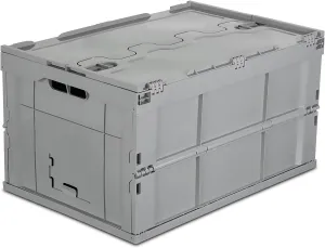 Mount-It! Collapsible Plastic Storage Crate, Folding and Stackable Utility Distribution Container with Attached Lid, 65L Liter Capacity, Pack of 1