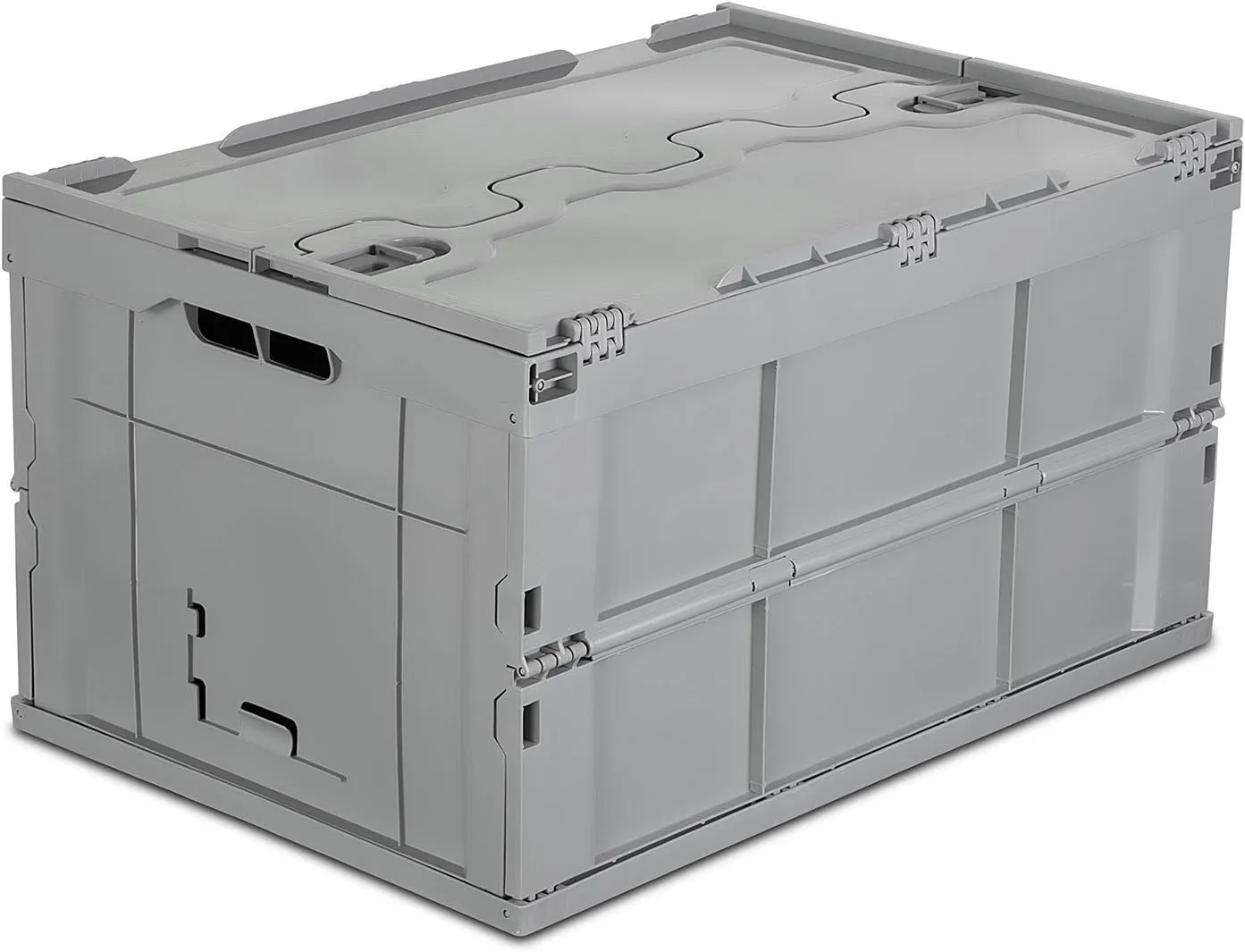 Mount-It! Collapsible Plastic Storage Crate, Folding and Stackable Utility Distribution Container with Attached Lid, 65L Liter Capacity, Pack of 1