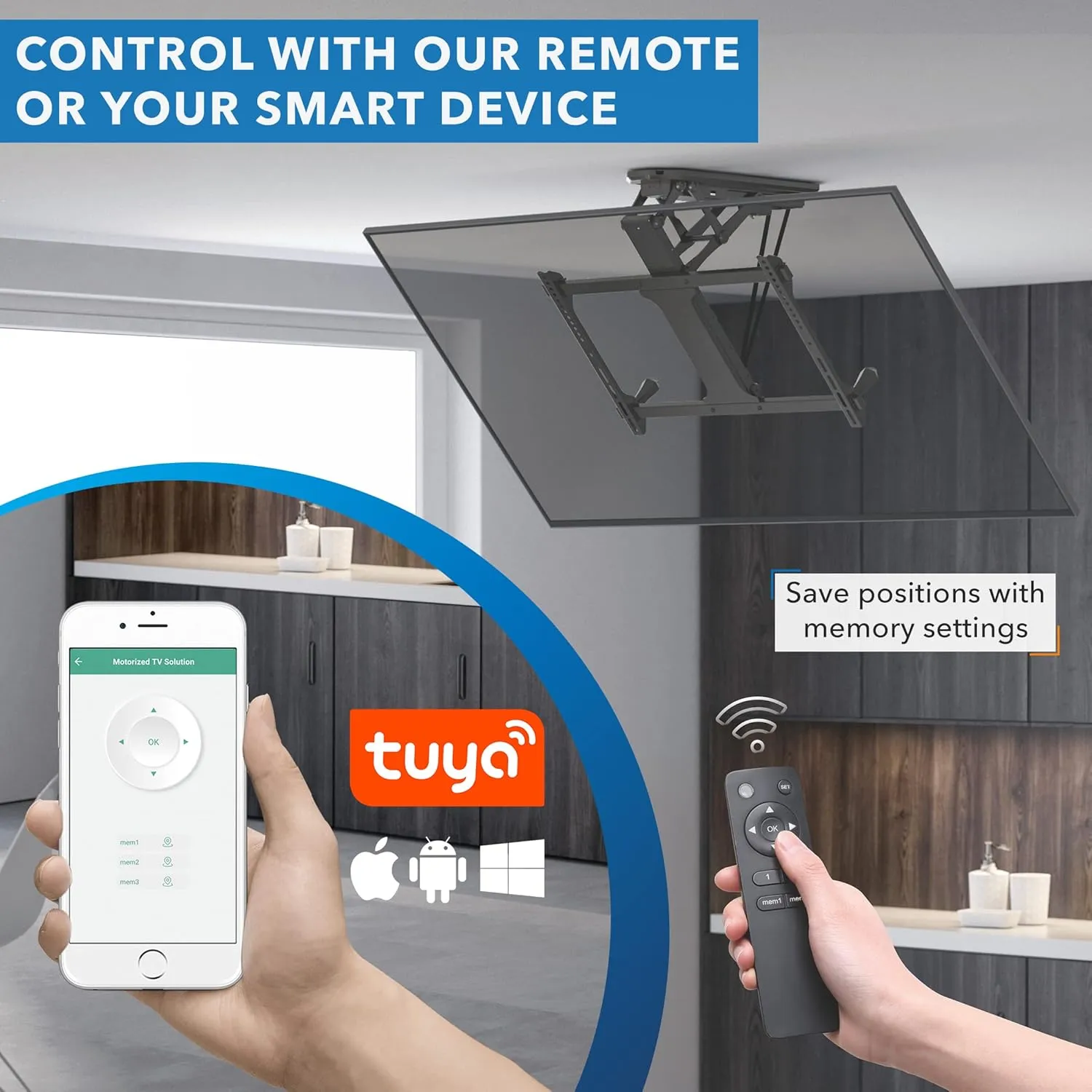 Mount-It! Motorized Ceiling TV Mount for 32 to 70 Inch TVs, Electric Flip Down TV Bracket with Remote and App Control, Drop Down Ceiling Mounting Bracket for Flat and Pitched Roofs, Holds Up to 77 lbs