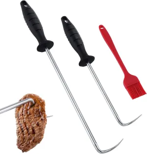 MSY BIGSUNNY Heavy Duty Food Flipper with Sharp Tail Tip, Stainless Steel Grilling Meat Hook, Set of 2 (16“&12”)