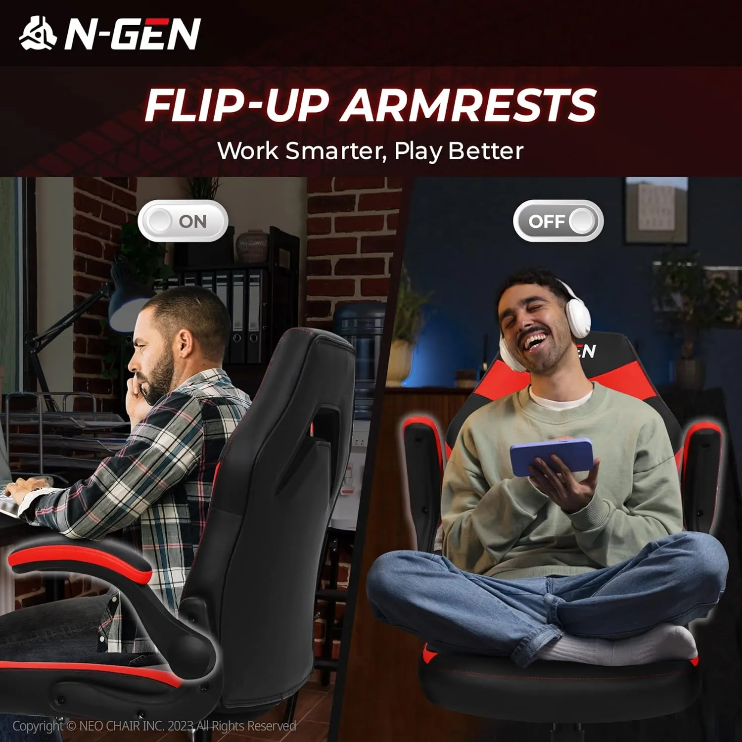 N-GEN Video Gaming Chair Ergonomic Computer Desk Office Chair with Lumbar Support Adjustable Height Swivel Wheels Flip-Up Arms PU Leather Home and Office (Red)