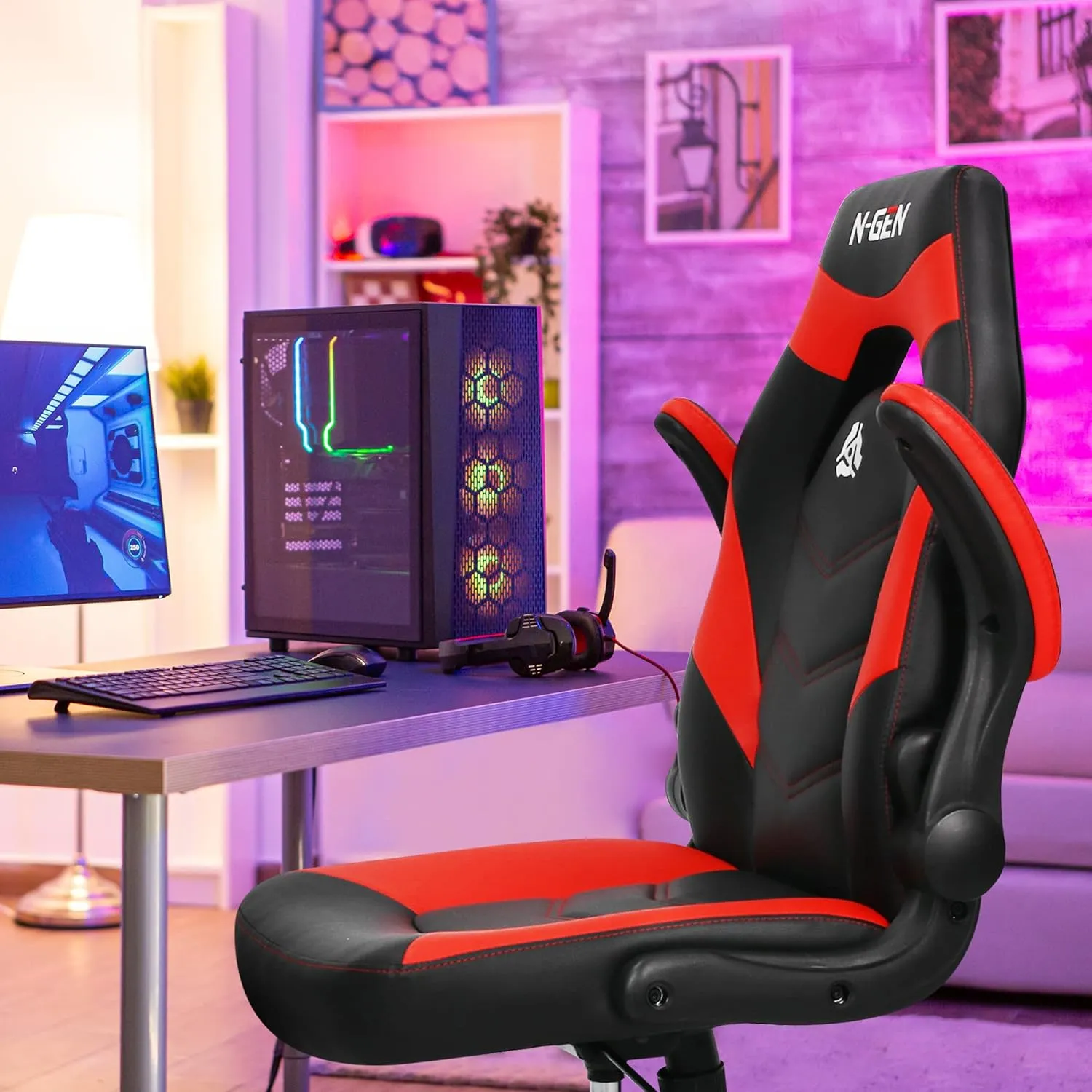 N-GEN Video Gaming Chair Ergonomic Computer Desk Office Chair with Lumbar Support Adjustable Height Swivel Wheels Flip-Up Arms PU Leather Home and Office (Red)