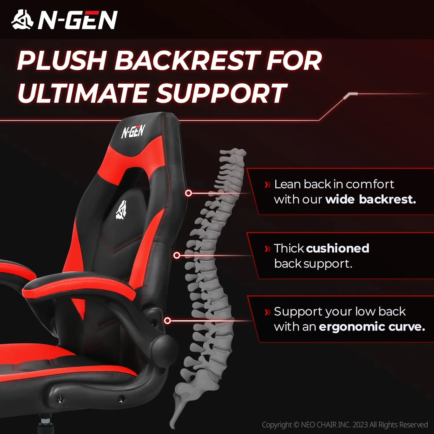 N-GEN Video Gaming Chair Ergonomic Computer Desk Office Chair with Lumbar Support Adjustable Height Swivel Wheels Flip-Up Arms PU Leather Home and Office (Red)