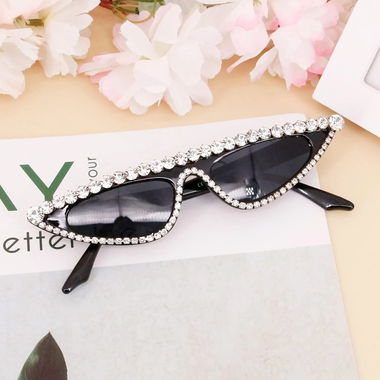Naimo Vintage Retro Sparkling Crystal Cat Eye Sunglasses UV Protection Rhinestone Frame Glasses for Women Black