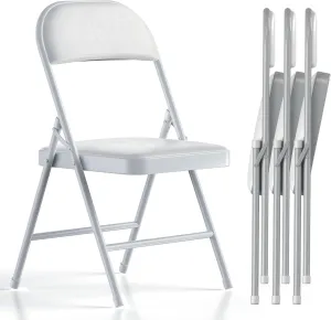 Nazhura 4 Pack Folding Chairs with Padded Cushion and Back, Khaki Metal Chairs with Comfortable Cushion and Durable Steel Frame for Home and Office, for Indoor and Outdoor Events (White, 4 Pack)