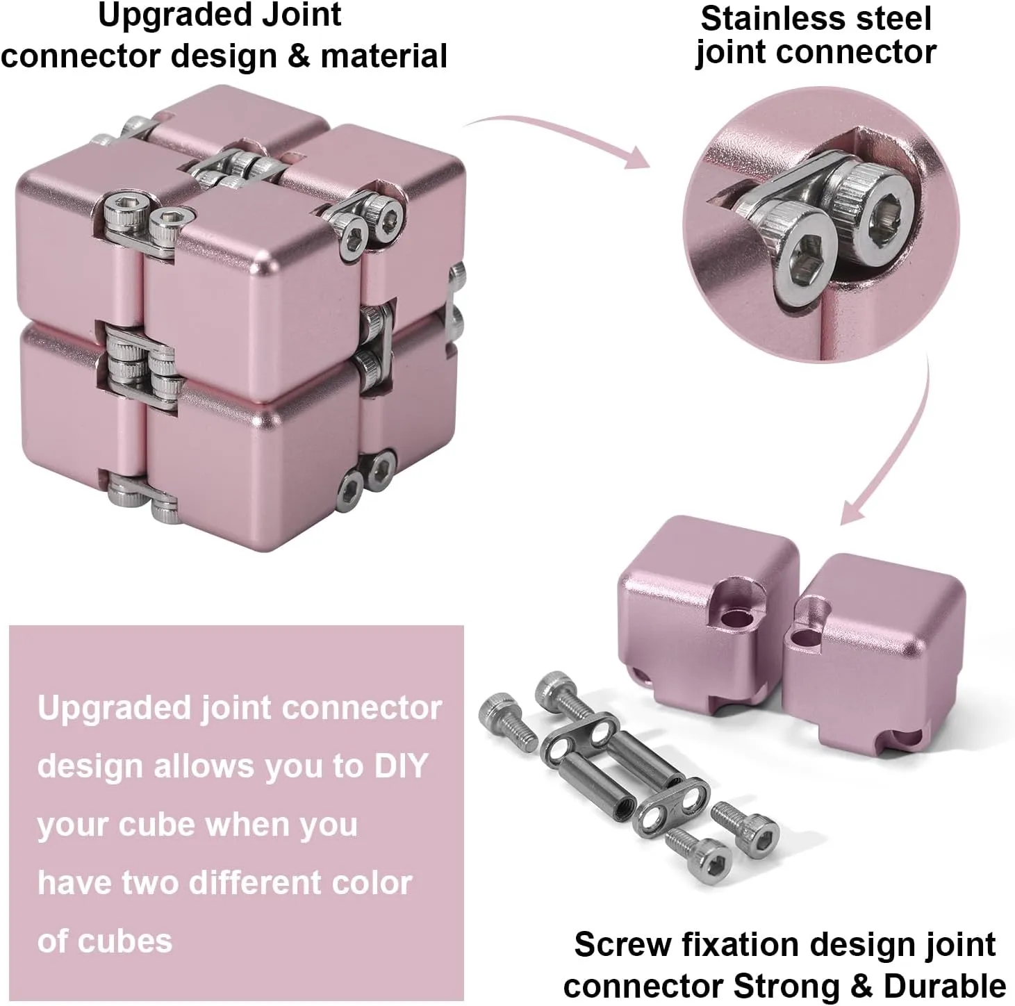 New Version Aluminum Alloy Metal Infinity Cube Fidget Cube Handheld Fidget Toy Desk Toy with Cool Case Infinity Magic Cube Relieve Stress Anxiety ADD ADHD OCD for Kids and Adults (Pink)