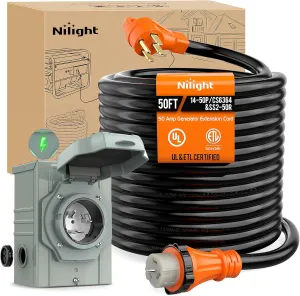 Nilight 50A 50FT Generator Extension Cord and Power Inlet Box 125/250V Heavy Duty 6/3 8/1 Gauge STW ETL Listed NEMA 14-50P/SS2-50R Twist Lock Connector for RV Outdoor Use