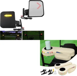 No Drilling Golf Cart Armrest with Cup Holder for Rear Seat Beige with 1" Square Tube   Golf Cart Side Mirrors with LED Turn Signal Light